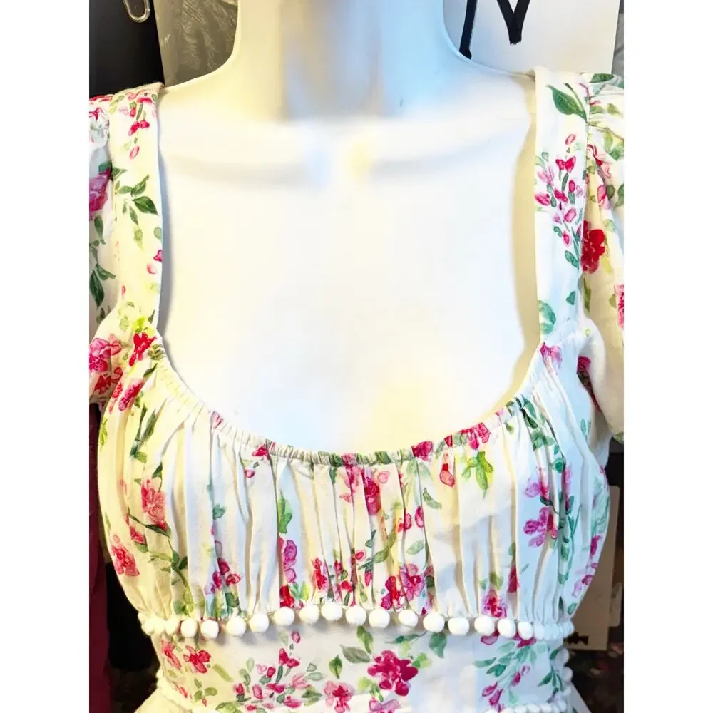 Majorelle Woodbury Crop Top In White Raspberry Size S Ruffle Short Sleeve Floral - Picture 4 of 7